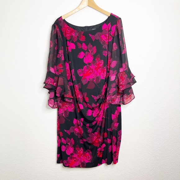 Jessica Howard Dresses & Skirts - Jessica Howard Womens 24W Pink Floral Ruffle Bell Sleeve Drape Sheath‎ Dress NEW